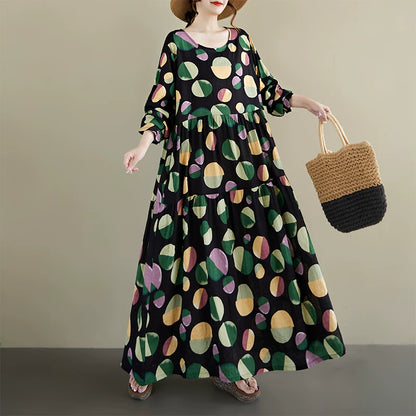 【ワンピース】ドット柄 クルーネック 長袖ワンピース ゆったり 大きいサイズ ボヘミアン リゾート風【SHシリーズ】