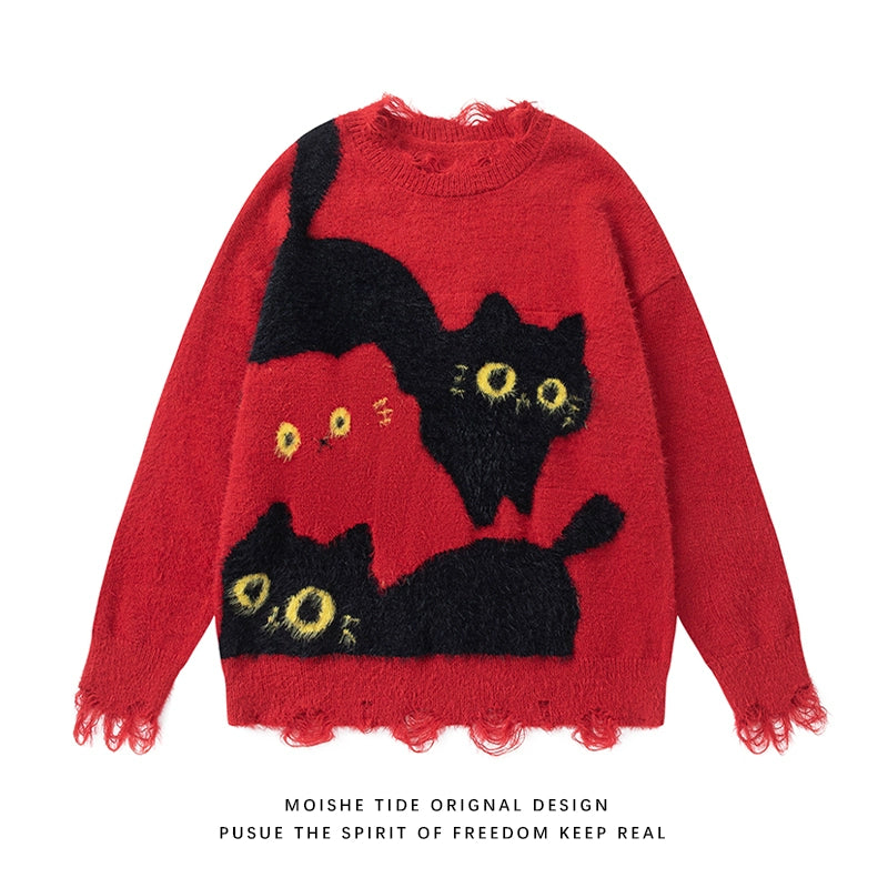 【トップス】秋冬 ねこ柄 破れ風 ダメージニット レトロ かわいい ゆったり 男女兼用 セーター【FCシリーズ】