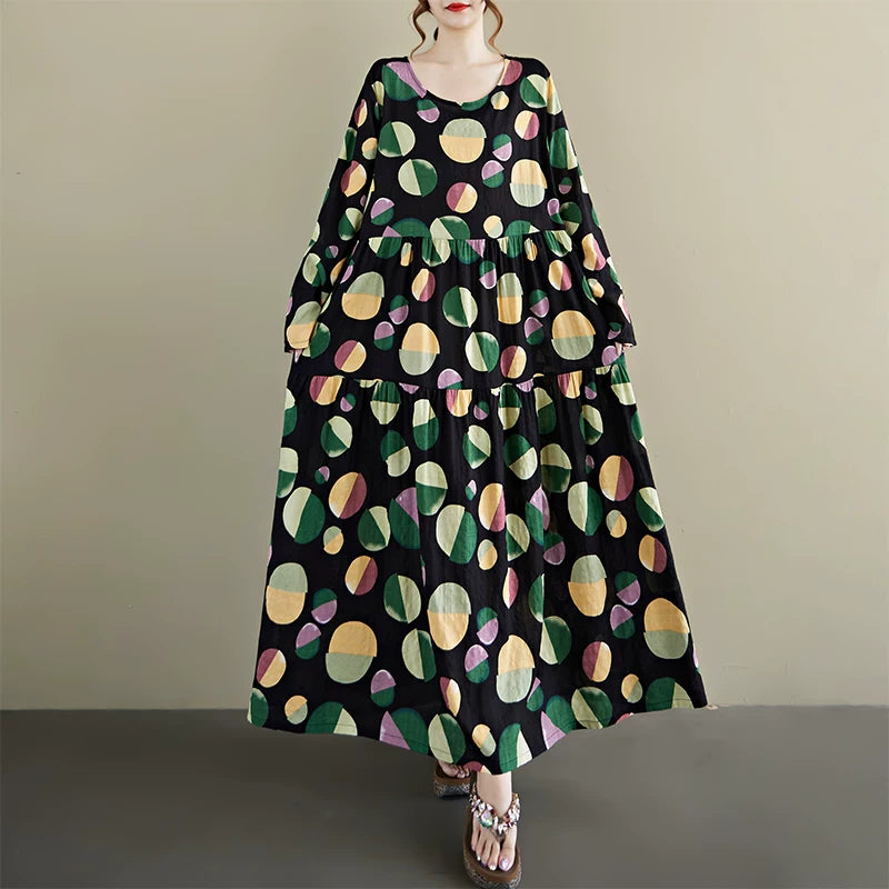 【ワンピース】ドット柄 クルーネック 長袖ワンピース ゆったり 大きいサイズ ボヘミアン リゾート風【SHシリーズ】