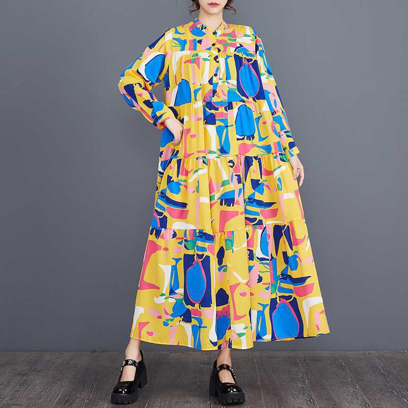 60%OFF⭐️期間限定【ワンピース】花柄 新作 大きいサイズ ゆったり ファッション プリント 切替 春夏 長袖ワンピース【SHシリーズ】