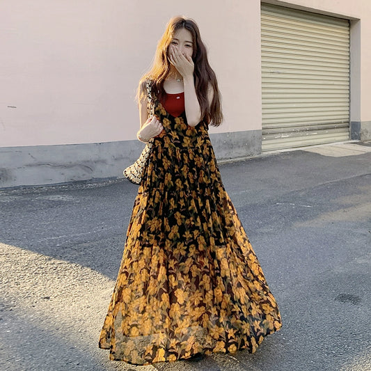 【ワンピース】フレンチレトロ ティードレス風 花柄 Vネック リゾート感あふれる ノースリーブワンピース【SHシリーズ】