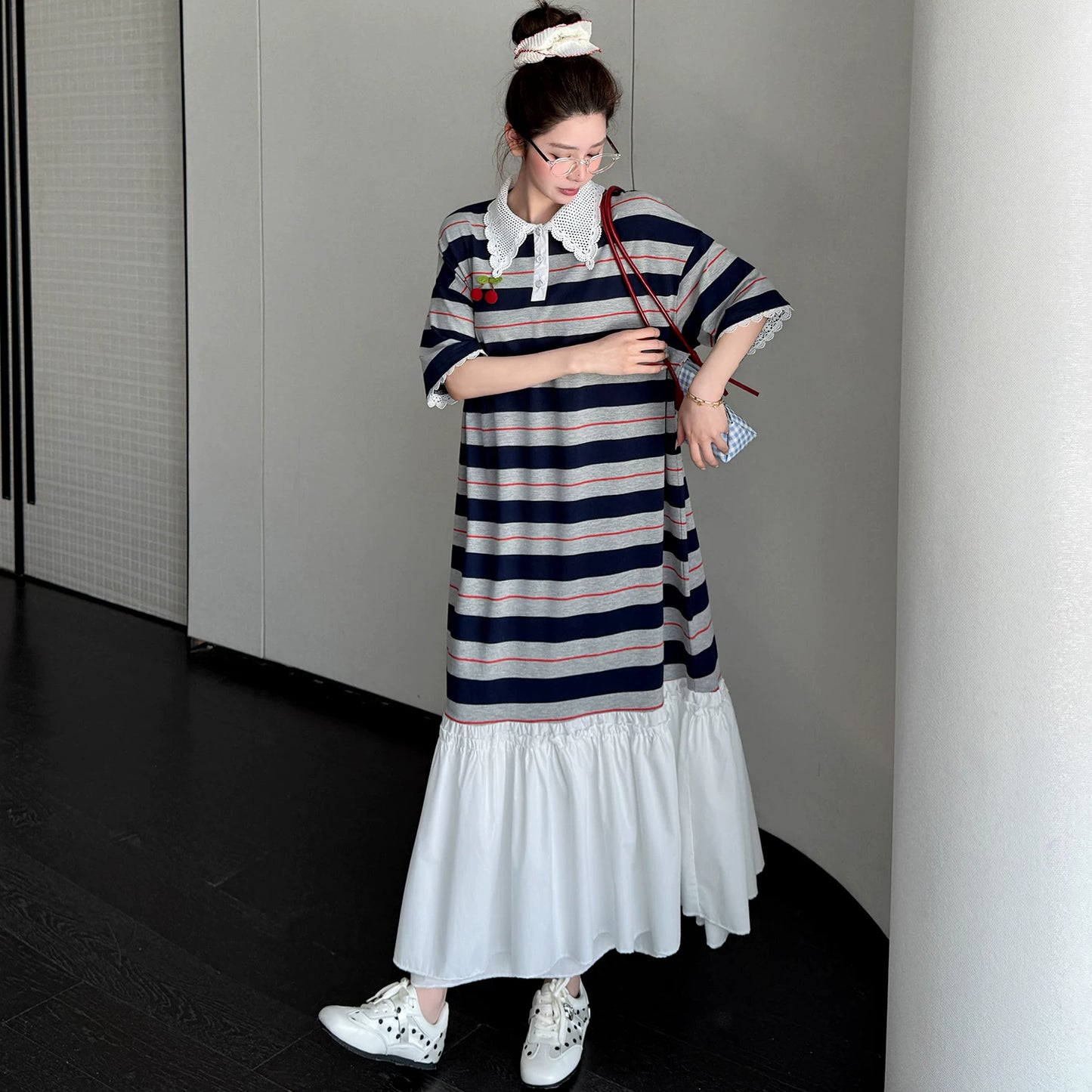 【ワンピース】ポロ襟 着痩せ 配色デザイン 半袖 ワンピース 【JZシリーズ】