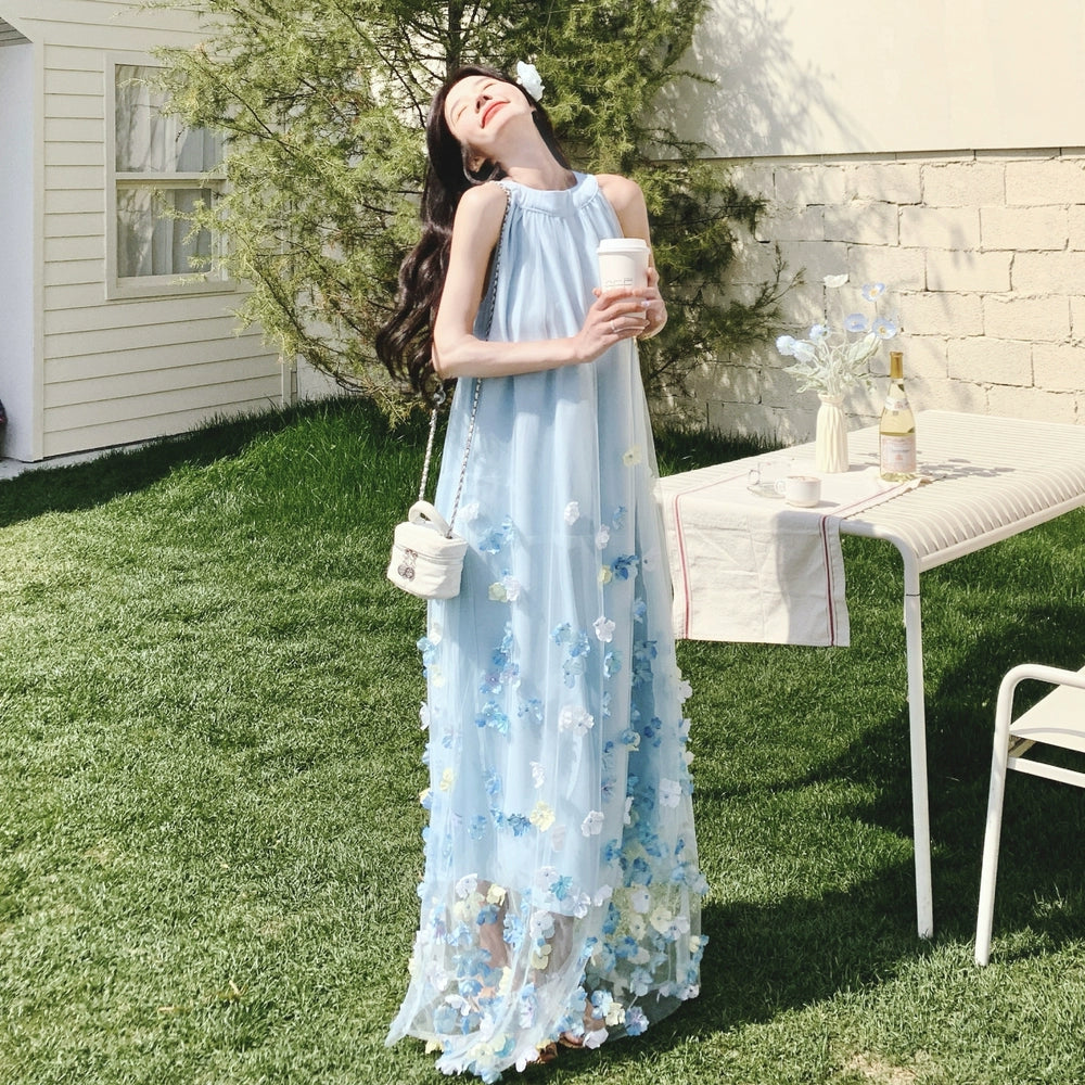 【ワンピース】夏 フレンチ風 かわいらしく優しい 立体花柄 ノースリーブワンピース【SHシリーズ】