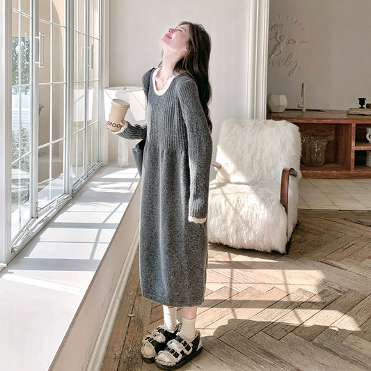 【ワンピース】韓国風 上品かわいい ニットレース切り替え 長袖ワンピース レディース 秋冬ミドル丈【JZシリーズ】