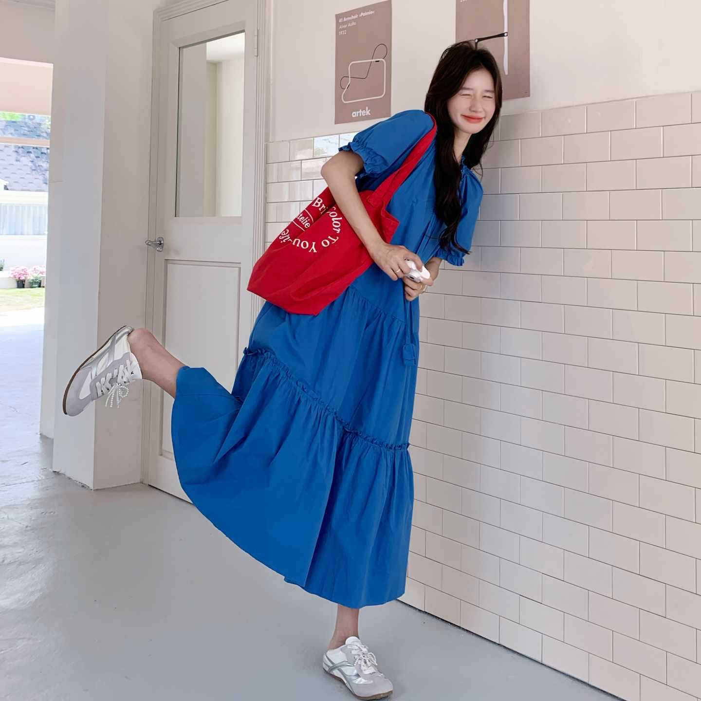 【ワンピース】高級感 パフスリーブ 夏 韓国風 ゆったり 細見え 半袖ワンピース