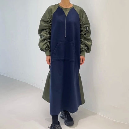 【24AW】【ワンピース】chic レトロ 配色 切り替えしシャーリング 長袖ワンピース