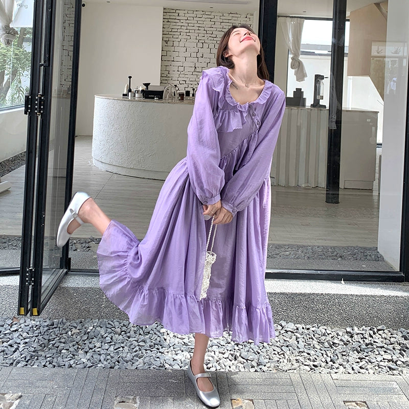 【ワンピース】パープル 超可愛い フリル 長袖ワンピース レディース 秋新作 デザイン感 優しい風 若見え ロングワンピ【JZシリーズ】