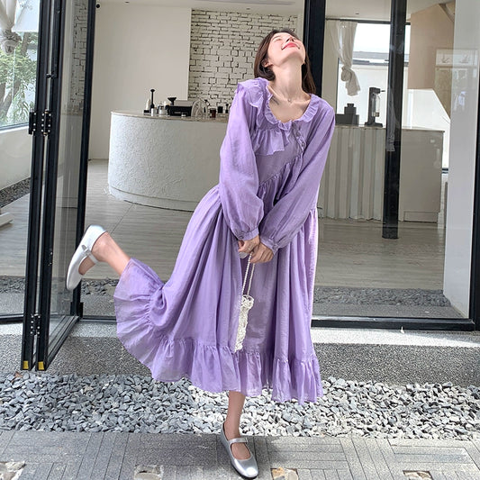 【ワンピース】パープル 超可愛い フリル 長袖ワンピース レディース 秋新作 デザイン感 優しい風 若見え ロングワンピ【JZシリーズ】