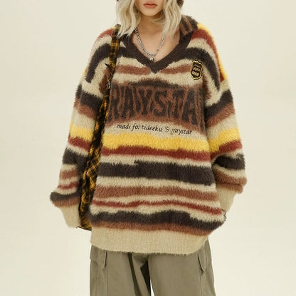 【トップス】アメリカンスタイル しま模様 ゆったり アルファベット ニットセーター【FCシリーズ】