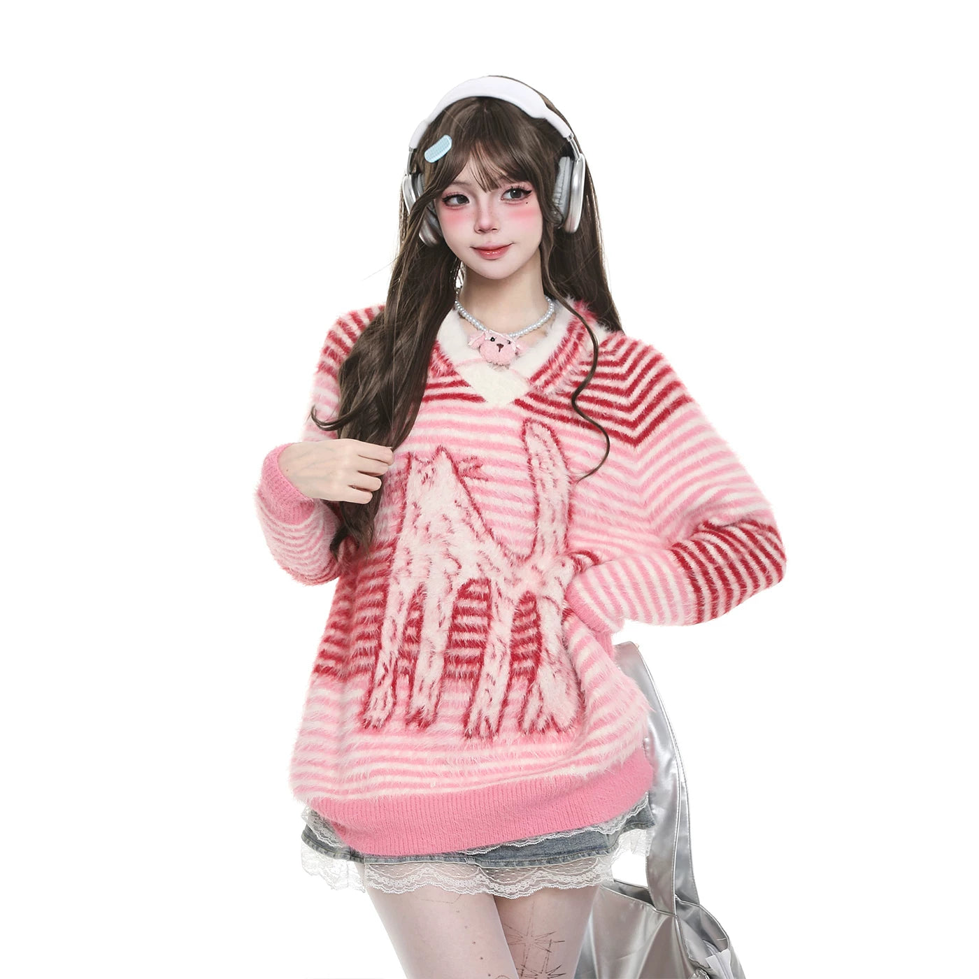 【トップス】猫柄ストライプ 韓国風カジュアル ゆったり ニットセーター【FCシリーズ】