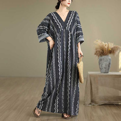 【ワンピース】夏 春 秋 高級感 Vネック コットンリネン プリント 半袖 ワンピース 【SHシリーズ】