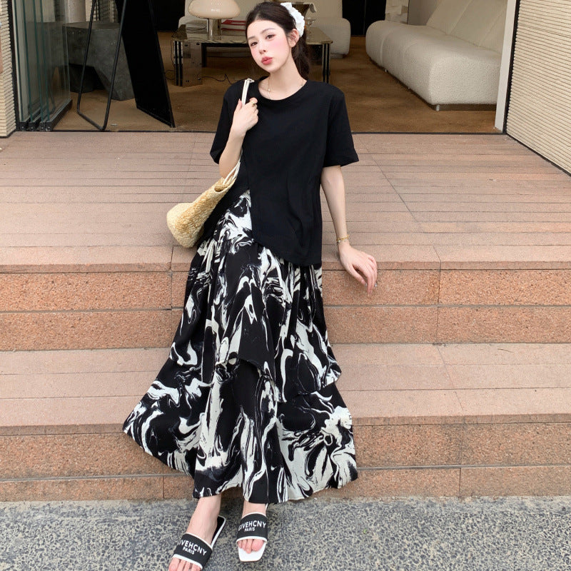 【ワンピース】🌞夏新作 大きいサイズ レディース 半袖 重ね着風ワンピース 墨柄 ゆったり ロング丈 体型カバー【SHシリーズ】