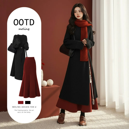 【セットアップ】春 秋 冬 ニット ワンピース+ ベルト+ スカート 3点セット 【JZシリーズ】