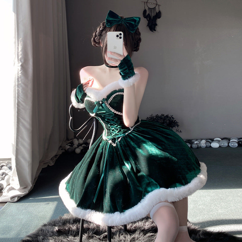 【クリスマス】プレゼントは私！ セクシー グリーン チューブトップワンピース 新年勝負ドレス