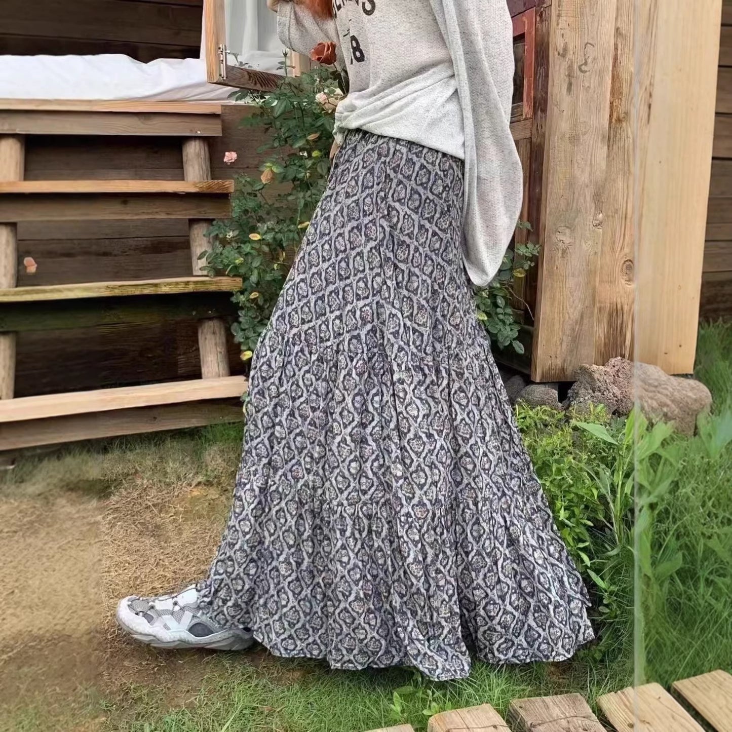 【ボトムス】レトロ花柄 フレアロング丈 ゆったりシルエット スカート【SHシリーズ】