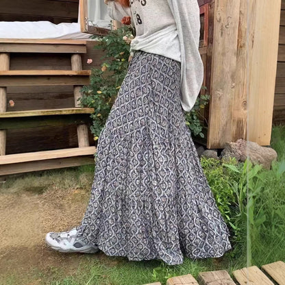 【ボトムス】レトロ花柄 フレアロング丈 ゆったりシルエット スカート【SHシリーズ】