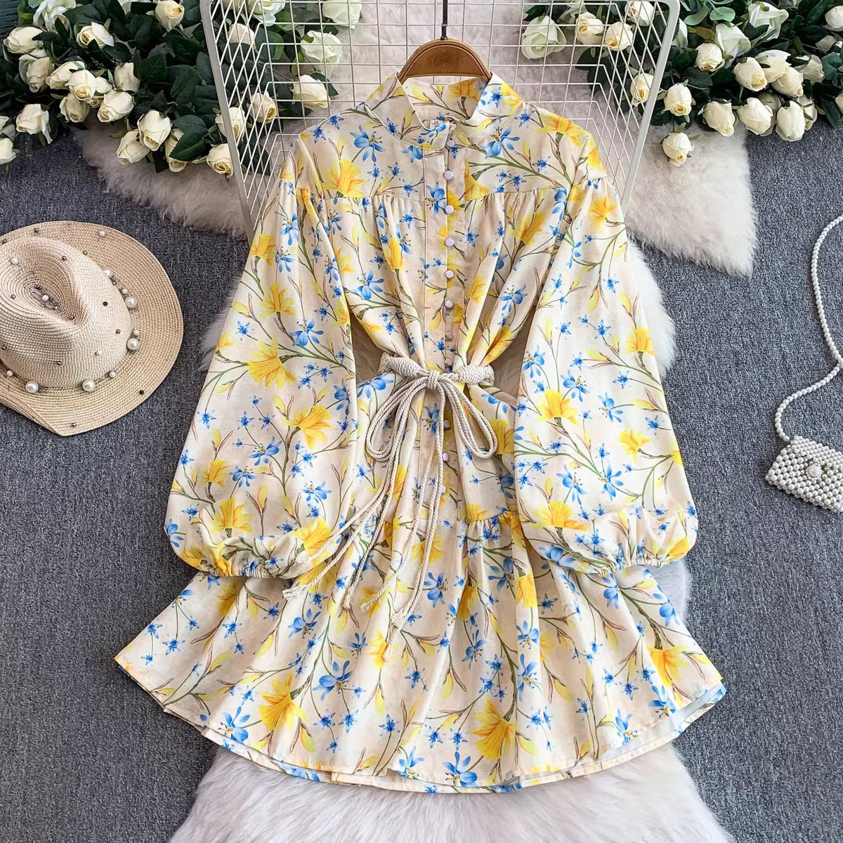 【ワンピース】小花柄パフスリーブワンピース レディース 春秋新作 前開き ロープベルト Aライン フレンチ風 フェミニン【SHシリーズ】