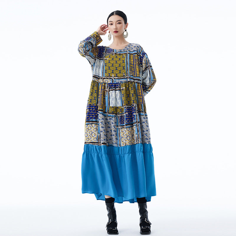 【ワンピース】春 秋 冬 プリント レトロ 花柄 プリント 長袖 ワンピース 【SHシリーズ】