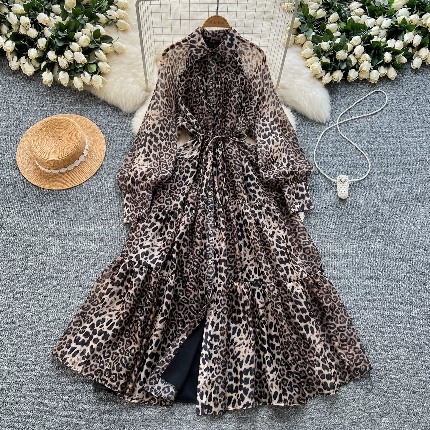 【ワンピース】レオパード柄 ウエストマーク 細見え チュール ボリュームフレア 長袖ワンピース【SHシリーズ】【15～20日内発送】