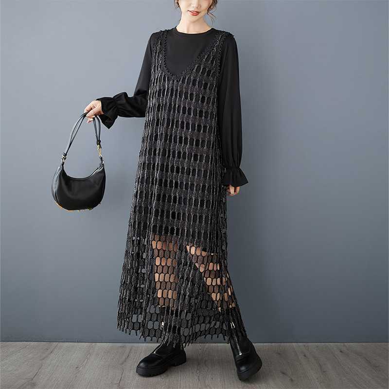 【ワンピース】デザイン感 シルバーラメ メッシュ ベストワンピース＋無地 長袖Tシャツ 2点セット ゆったり【AHシリーズ】