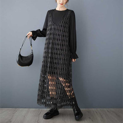 【ワンピース】デザイン感 シルバーラメ メッシュ ベストワンピース＋無地 長袖Tシャツ 2点セット ゆったり【AHシリーズ】