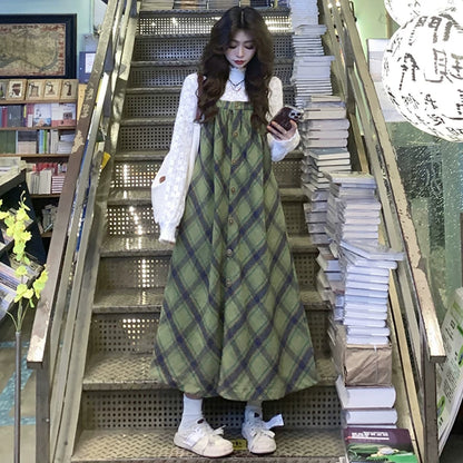 【セットアップ】プラスサイズ 合わせやすい チェック柄 Ｔシャツ+ノースリーブワンピース 2点セット【JZシリーズ】