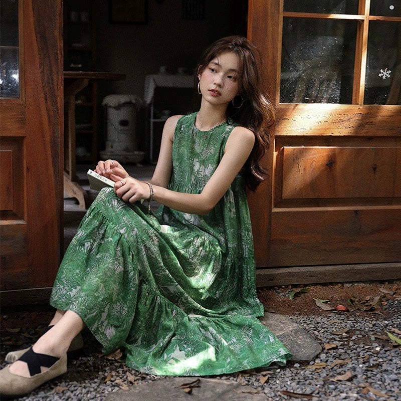 【ワンピース】リゾート風 夏新作 ゆったり細見えデザイン ヴィンテージフラワー ノースリーブワンピース【SHシリーズ】