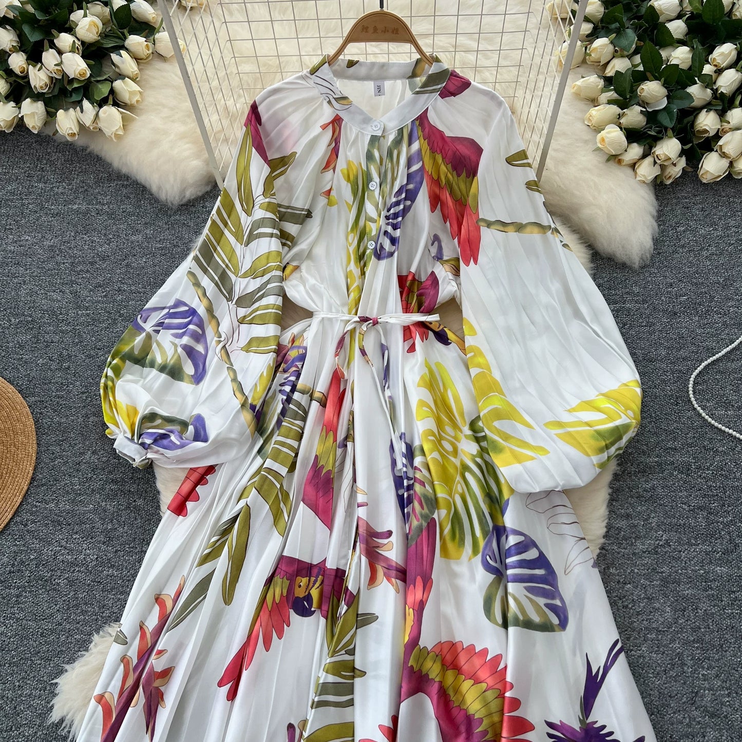 【ワンピース】前開き バルーンスリーブ タック入り フレア 長袖 ワンピース 【SHシリーズ】