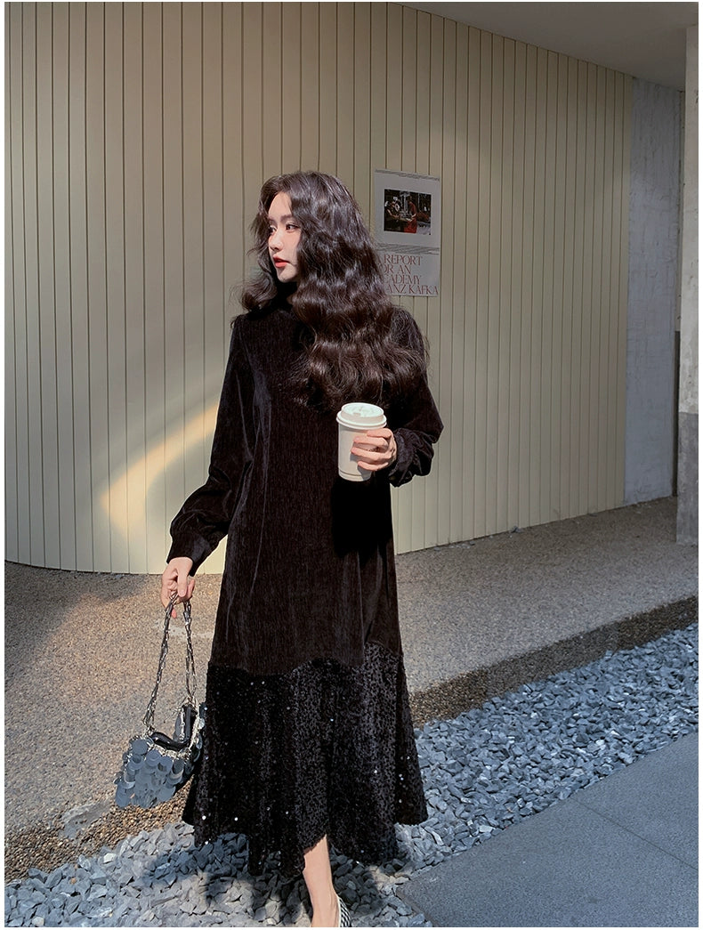 【ワンピース】オードリー風 ベロア 春 秋 冬 スパンコール 長袖 ワンピース【JZシリーズ】