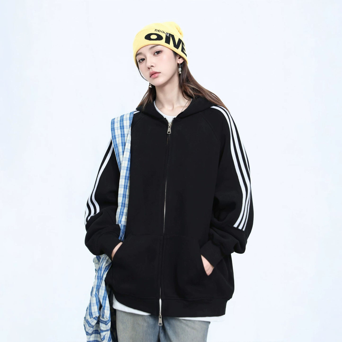 【アウター】ストリートブランド風 男女兼用 三本ライン フード付きパーカー レディース 春秋 新作 ゆったり ラグランスリーブ ジップアップ ジャケット【FCシリーズ】