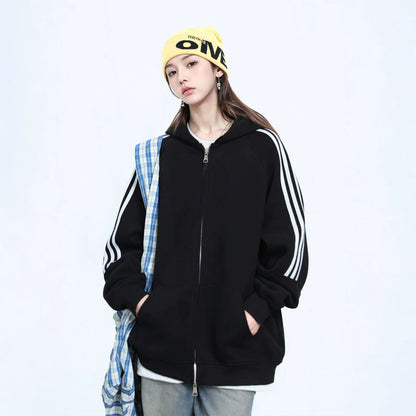 【アウター】ストリートブランド風 男女兼用 三本ライン フード付きパーカー レディース 春秋 新作 ゆったり ラグランスリーブ ジップアップ ジャケット【FCシリーズ】