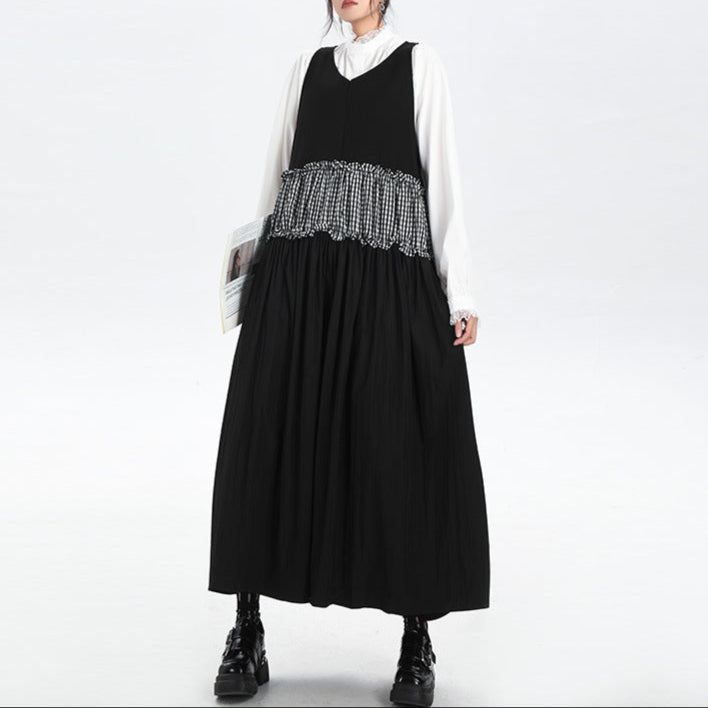 【ワンピース】春 秋 冬 Vネック チェック柄 配色 ロングノースリーブ ワンピース 【AHシリーズ】