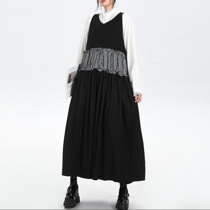 【ワンピース】春 秋 冬 Vネック チェック柄 配色 ロングノースリーブ ワンピース 【AHシリーズ】