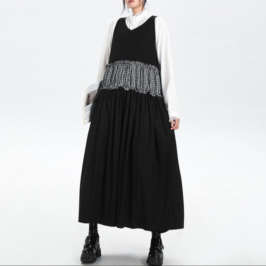 【ワンピース】春 秋 冬 Vネック チェック柄 配色 ロングノースリーブ ワンピース 【AHシリーズ】