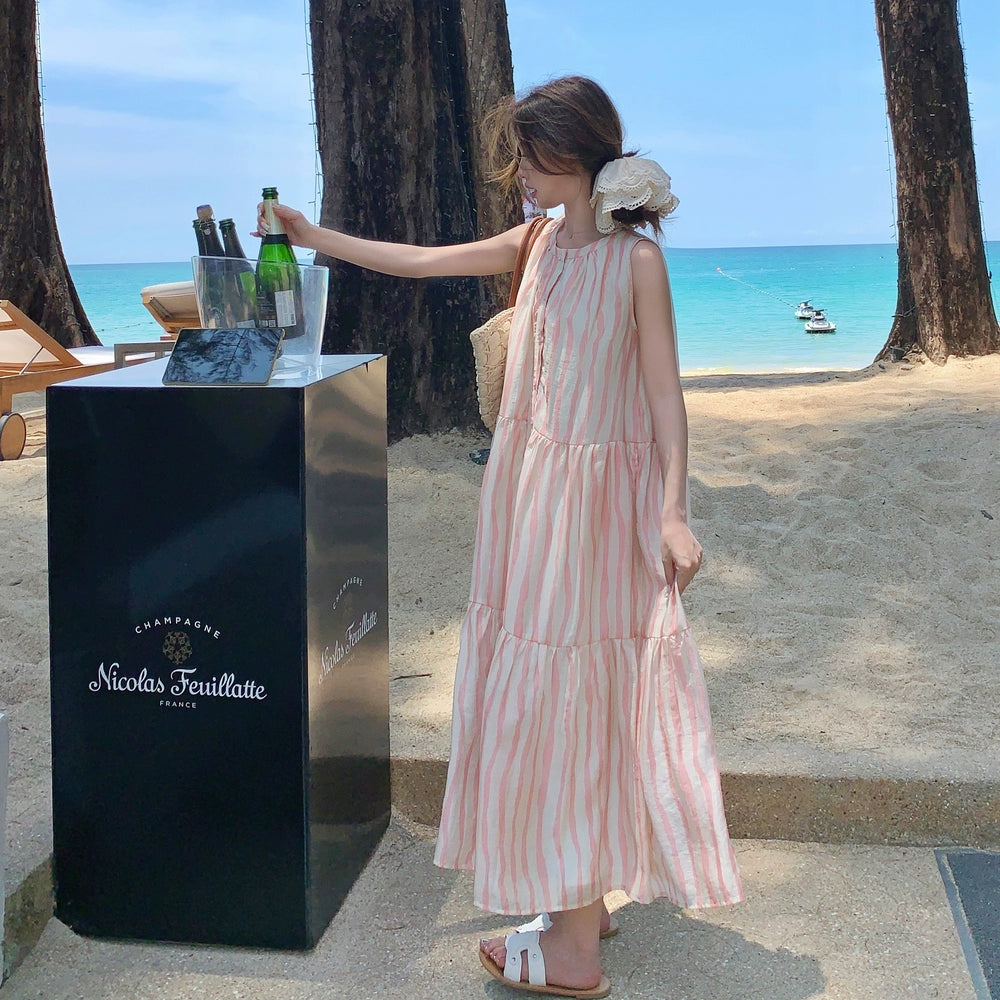 【ワンピース】夏 アート感 都市リゾート風 ピンクストライプ ノースリーブワンピース【SHシリーズ】