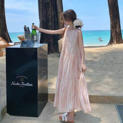 【ワンピース】夏 アート感 都市リゾート風 ピンクストライプ ノースリーブワンピース【SHシリーズ】