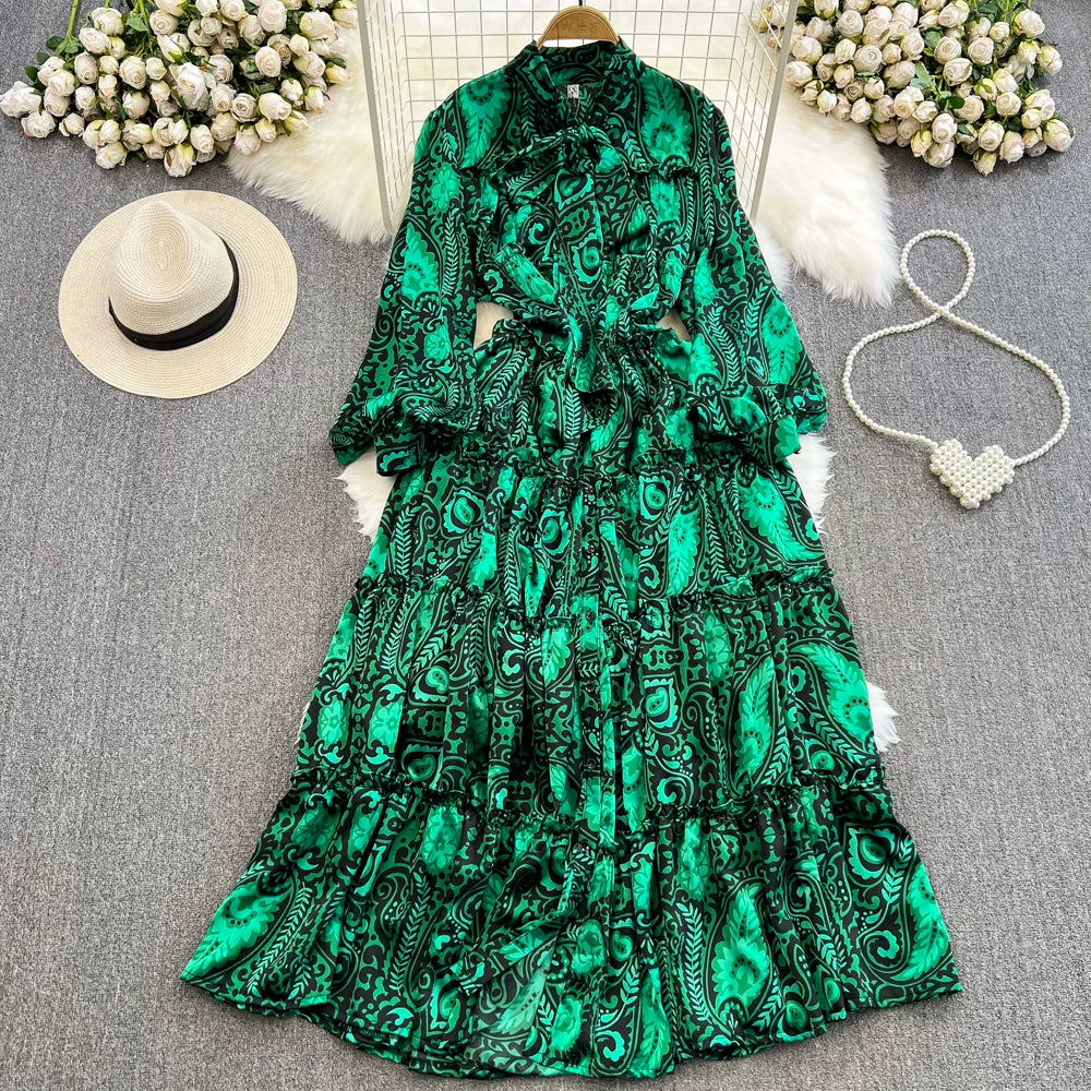 【ワンピース】シングルボタン プリント レディライク フレア 長袖 ワンピース 【SHシリーズ】