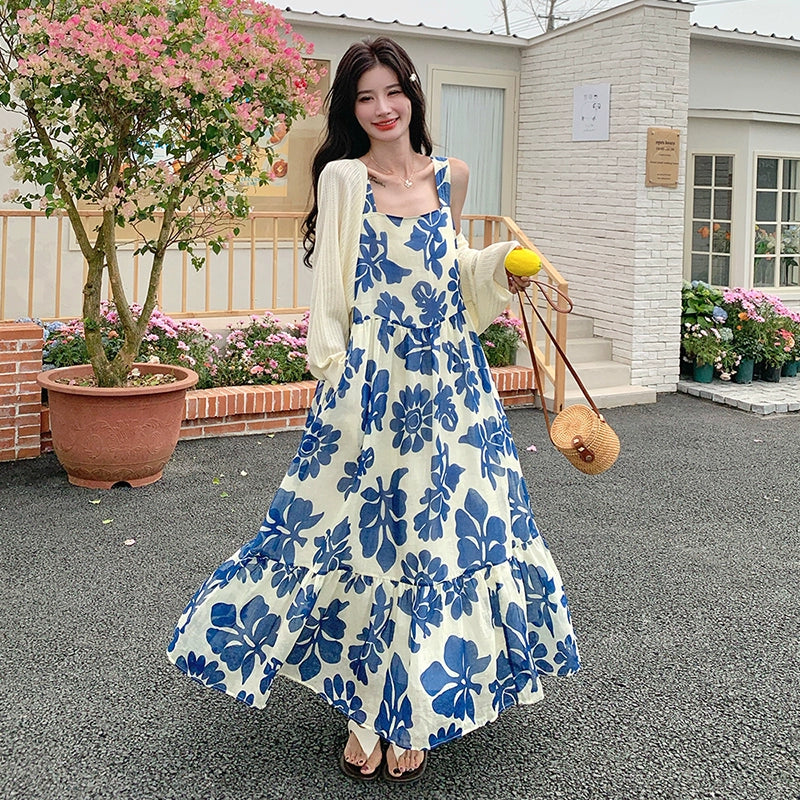 2点セット！【セットアップ】甘かわブルー花柄 ノースリーブワンピース＋UVカーデ セット レディース 夏 若見えスタイル【SHシリーズ】