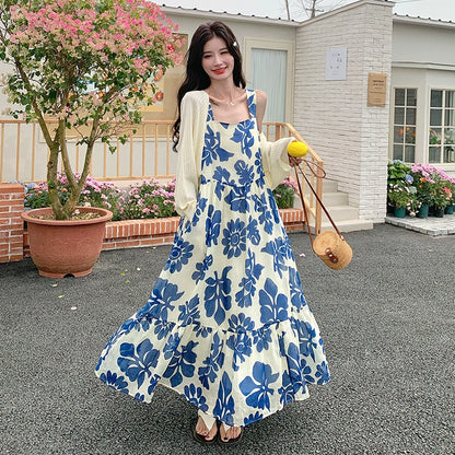 2点セット！【セットアップ】甘かわブルー花柄 ノースリーブワンピース＋UVカーデ セット レディース 夏 若見えスタイル【SHシリーズ】