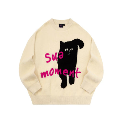 【トップス】もこもこ黒猫ロゴ 仿貂毛ニットセーター ユニセックス・オーバーサイズ・カップル対応【FCシリーズ】【10～15日内発送】