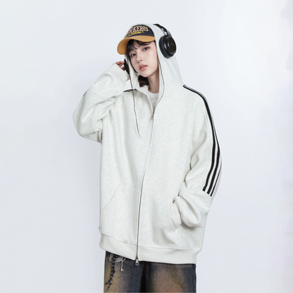 【アウター】ストリートブランド風 男女兼用 三本ライン フード付きパーカー レディース 春秋 新作 ゆったり ラグランスリーブ ジップアップ ジャケット【FCシリーズ】