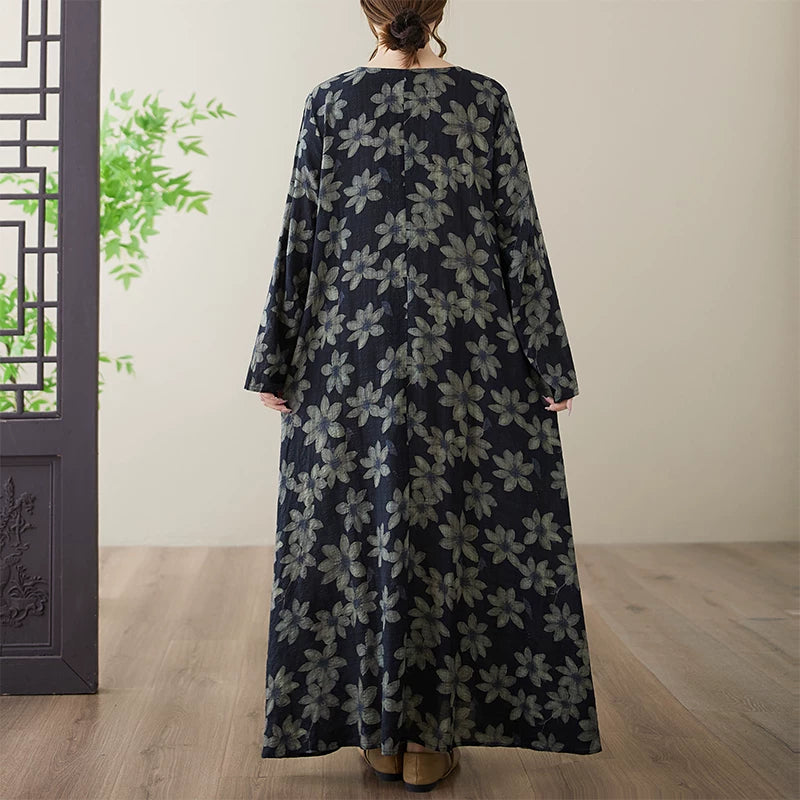 【ワンピース】花柄 クルーネック 長袖 ゆるシルエット 大きいサイズ リゾートワンピース【SHシリーズ】