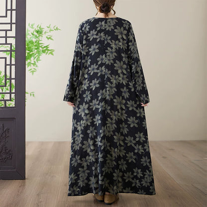 【ワンピース】花柄 クルーネック 長袖 ゆるシルエット 大きいサイズ リゾートワンピース【SHシリーズ】