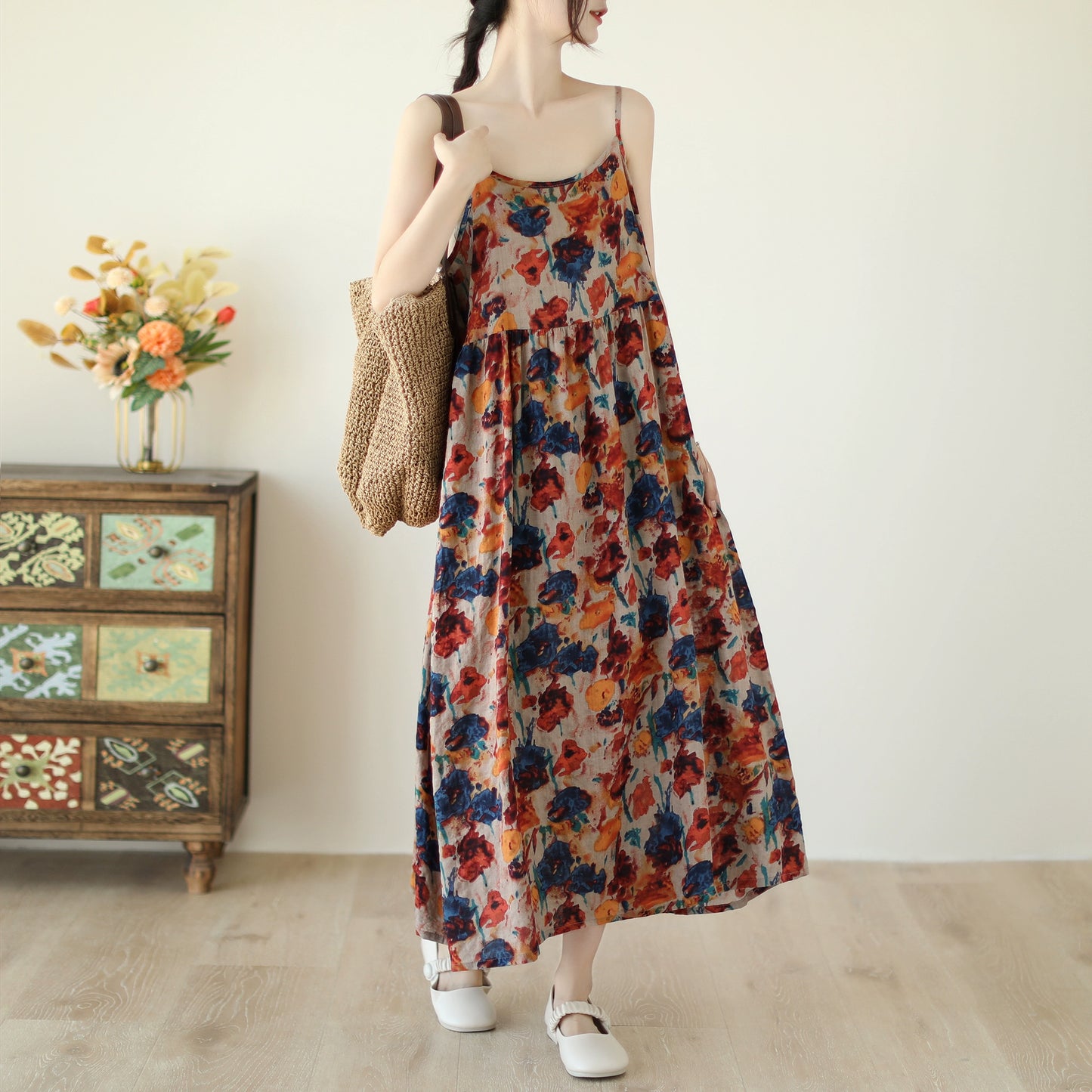 【ワンピース】レトロAライン ゆったり大きめサイズ 気質細見え ノースリーブキャミワンピース【SHシリーズ】