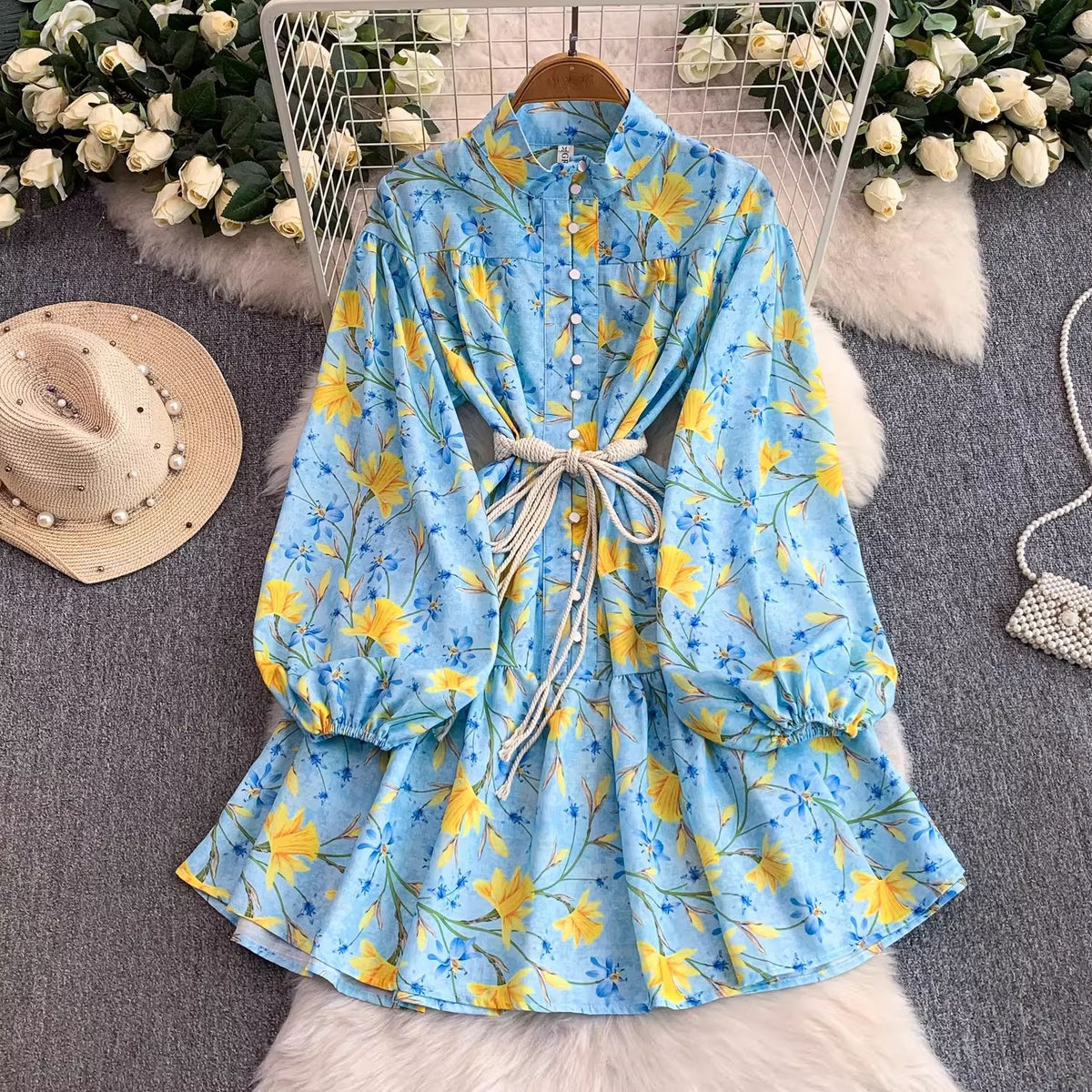 【ワンピース】小花柄パフスリーブワンピース レディース 春秋新作 前開き ロープベルト Aライン フレンチ風 フェミニン【SHシリーズ】