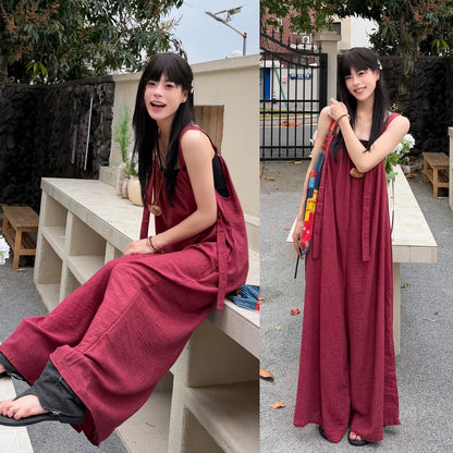 【ボトムス】リネン風 サロペット レディース 夏 オーバーサイズ ワイドパンツ ゆったり 体型カバー オールインワン 人気 ナチュラルコーデ【SHシリーズ】