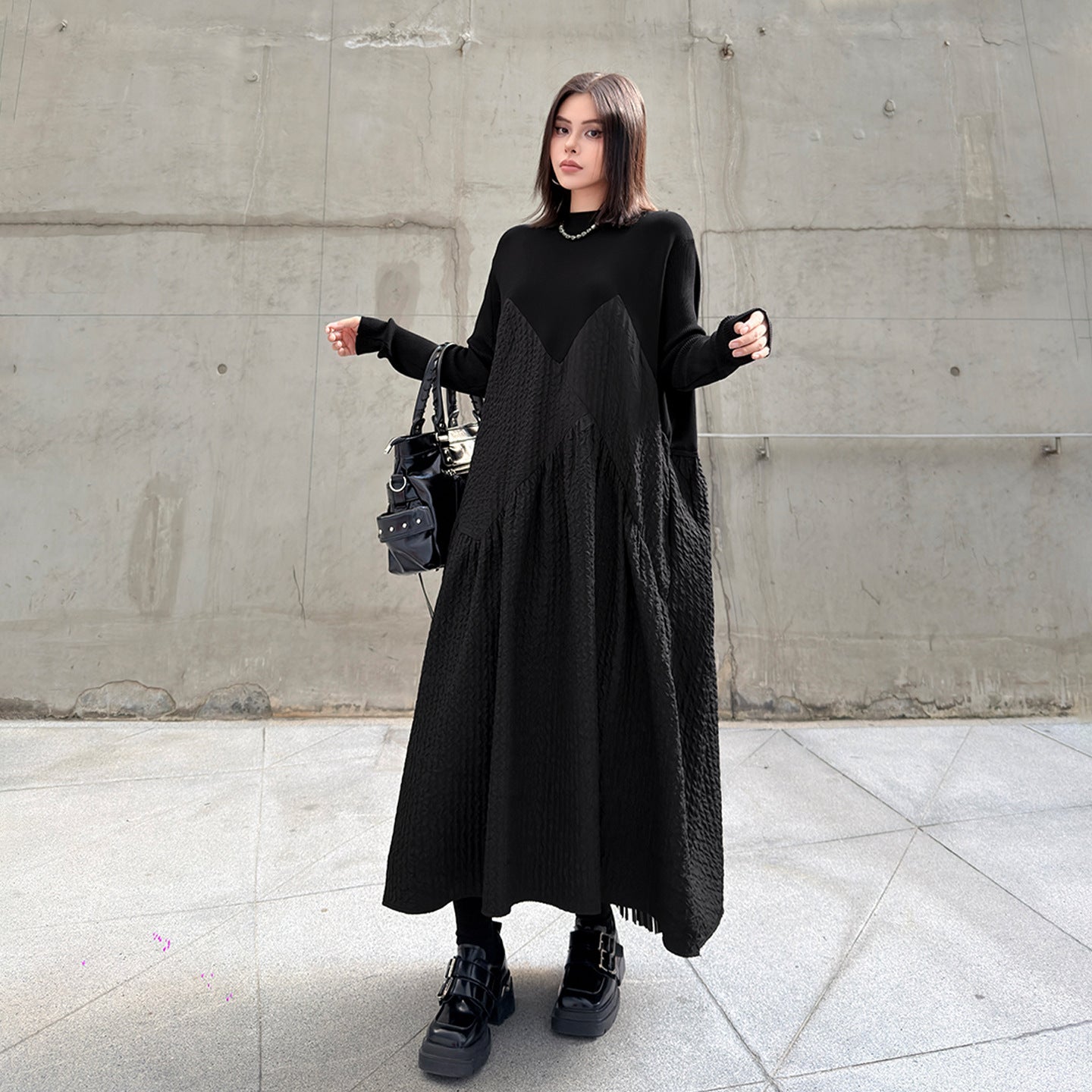 【ワンピース】切り替え 春 秋 冬 ダークテイスト長袖 ワンピース 【AHシリーズ】