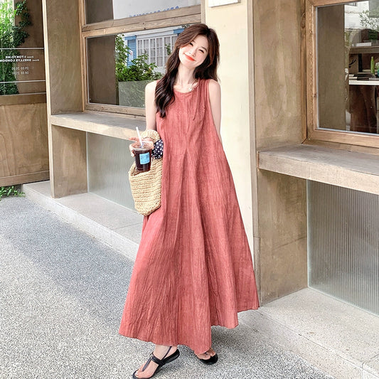 【ワンピース】フレンチ風 ノースリーブピンクワンピース 夏 細見えエレガント ロングドレス【JZシリーズ】