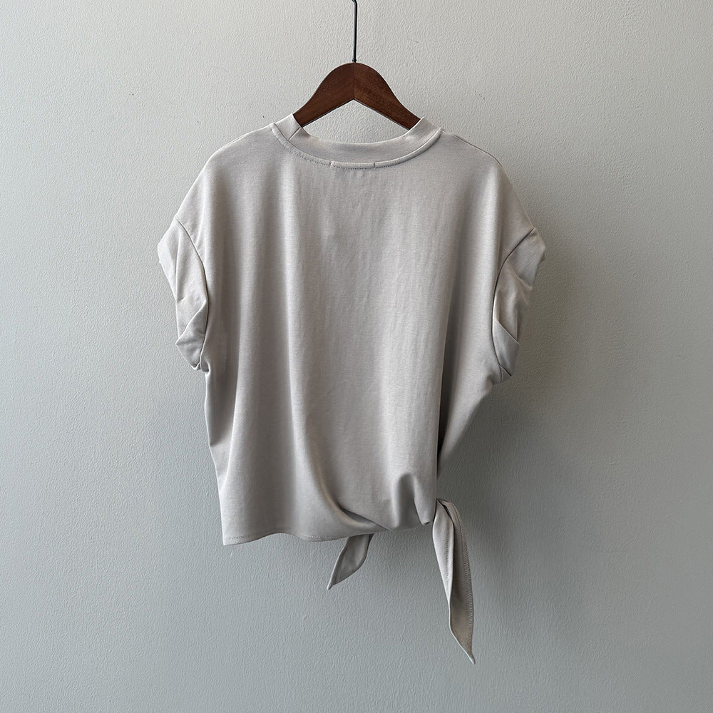 【トップス】夏新作 フレンチカジュアル 細見えシルエット リボンデザイン クルーネック半袖Tシャツ【JZシリーズ】