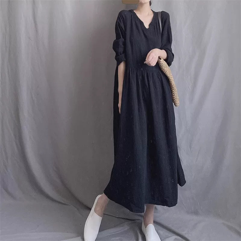 【ワンピース】森ガール風 ナチュラル 長袖ワンピース ゆったり 大きめシルエット フレアロングワンピ 体型カバー【JZシリーズ】